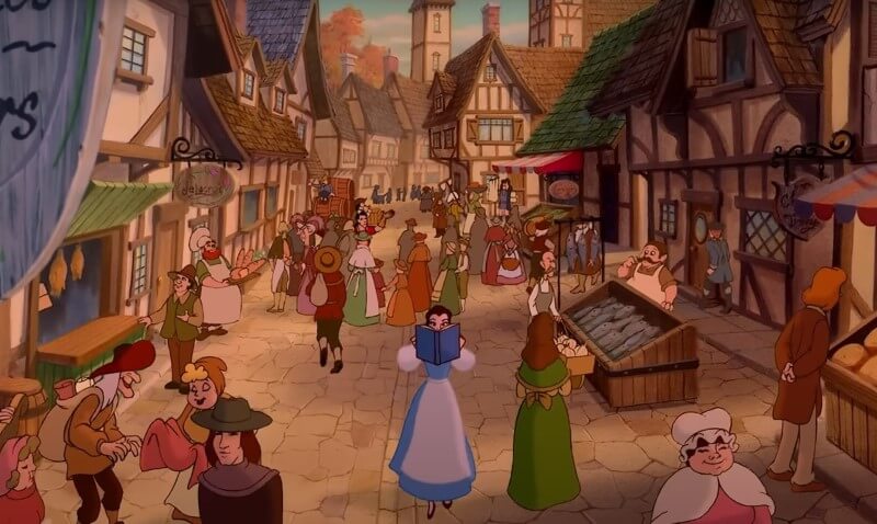 Nàng Belle (giữa) ở một cảnh của "Người đẹp và quái vật" được coi là lấy cảm hứng từ Ribeauvillé và Riquewihr