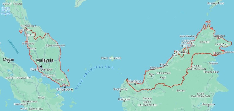 Bản đồ Malaysia (khu vực viền đỏ) được chia tách thành 2 phía