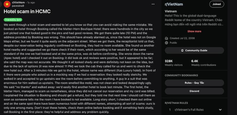 Reddit post describing a hotel bait and switch scam in Hanoi